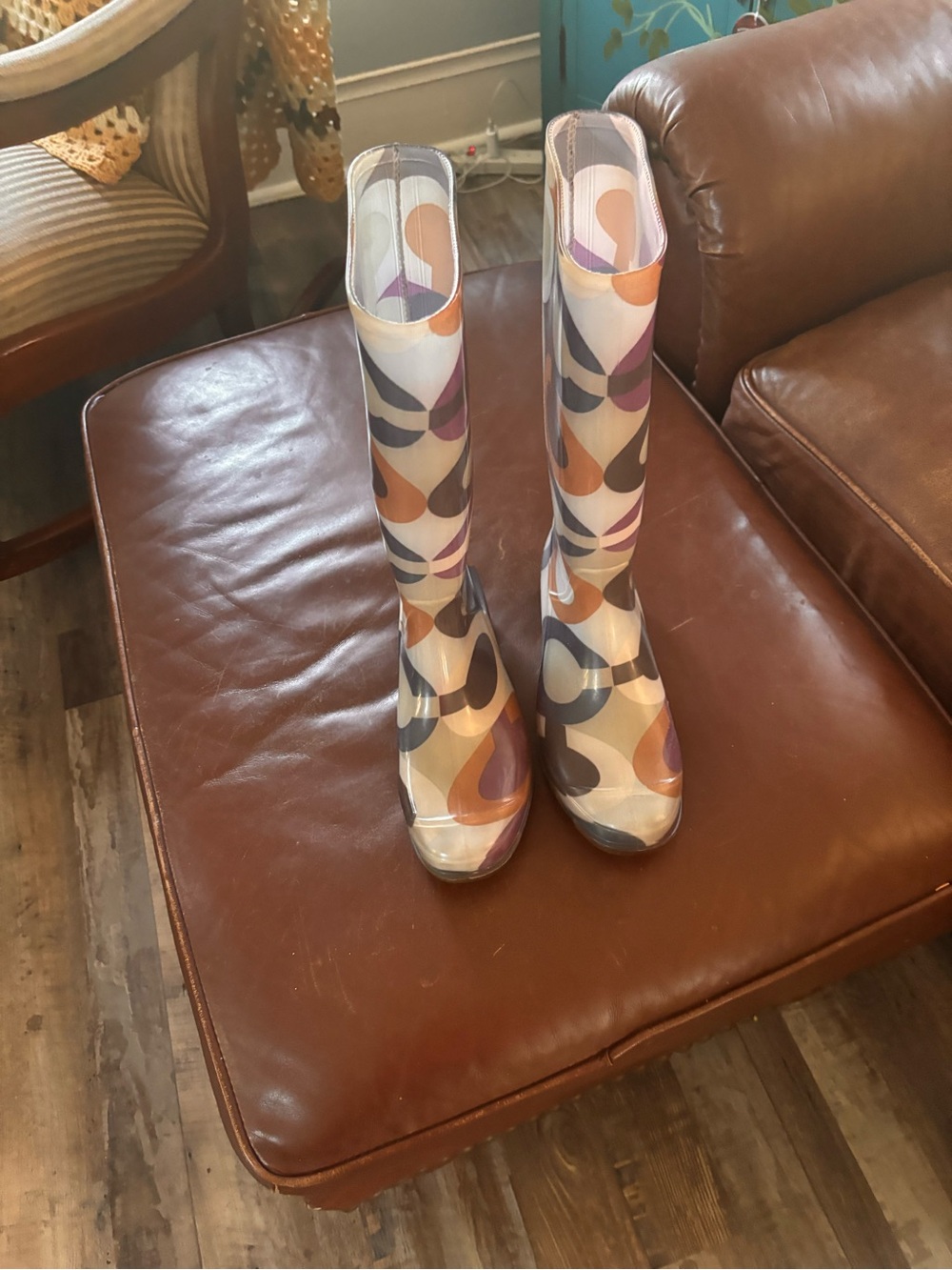 Coach Multicolor Abstract Print Tall Rain Boots — Cream, Brown, Purple